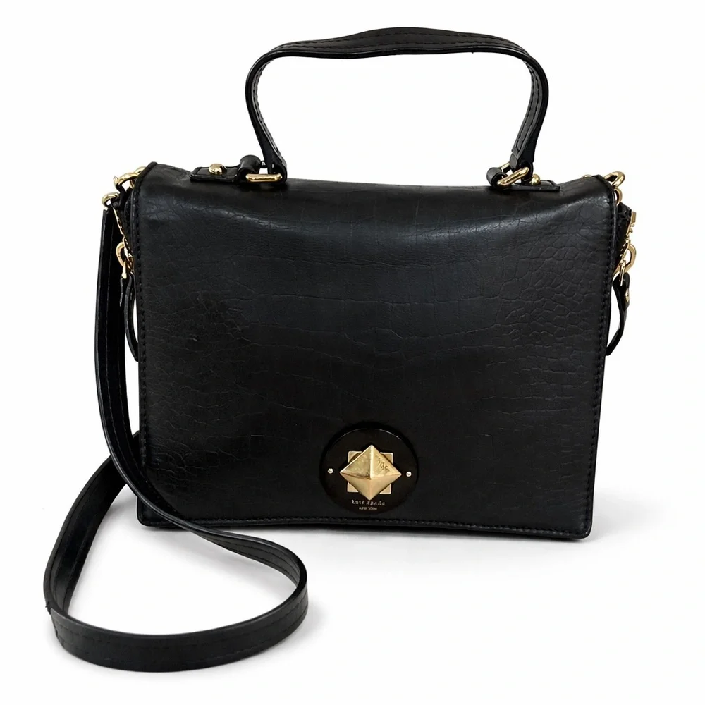 Kate Spade Varick Street Abbie Satchel Black Croc Embossed Leather Bag